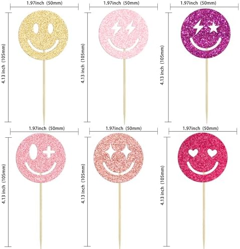 Gyufise 24Pcs Preppy Smile Face Cupcake Toppers Colorful Glitter Star Lightning Y2k 2000s Pink Party Bachelorette Cupcake Picks for Preppy Y2k Theme Bachelorette Birthday Party Cake Supplies