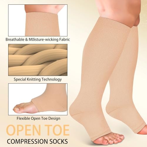 4 Pairs Open Toe Plus Size Compression Socks for Women and Men Wide Calf Extra Large for Circulation Support