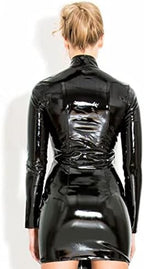 High Collar Black PVC Mini Dress Long Sleeve Buckle Neck PVC Short Dresses Zip Up to Bust Latex Bodycon Dress Open Bust Dress,Black,S