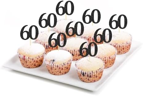 Sotpot 30 Pack Happy 60th Cupcake Toppers 60 Birthday Cake Decorations for 60th Birthday Wedding Anniversary Party Supplies Black Glitter