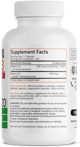 Bronson Vitamin K2 (MK7) with D3 Extra Strength Supplement Bone and Heart Health Non-GMO Formula 10,000 IU Vitamin D3 & 120 mcg Vitamin K2 MK-7 Easy to Swallow Vitamin D & K, 120 Capsules