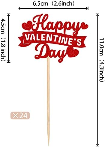 Rsstarxi 24 Pack Happy Valentine's Day Cupcake Toppers Red Glitter Sweet Love Cupcake Food Picks Valentine Cupcake Topper for Happy Valentine's Day Birthday Party Cake Decorations Supplies