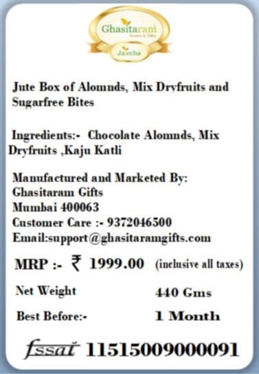 Ghasitaram Gifts Rakhi Gifts for Brothers Jute Box of Alomnds, Mix Dryfruits and Sugarfree Bites with 2 Pearl Rakhis