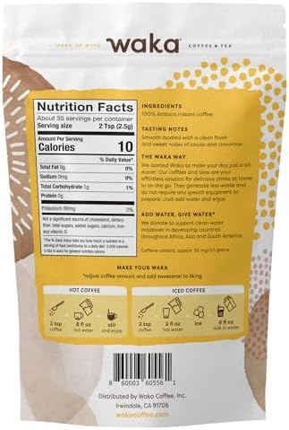 Waka Premium Instant Coffee Pouch — 100% Arabica Freeze Dried Beans — For Hot or Iced Coffee (3.5 Ounces, House Roast)