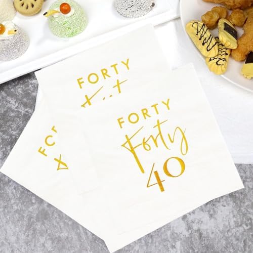 40Pcs White and Gold 40th Birthday Cocktail Napkins,40th Birthday Decorations Napkins for Women and Men,40th Birthday Party Tableware Paper Beverage Napkins