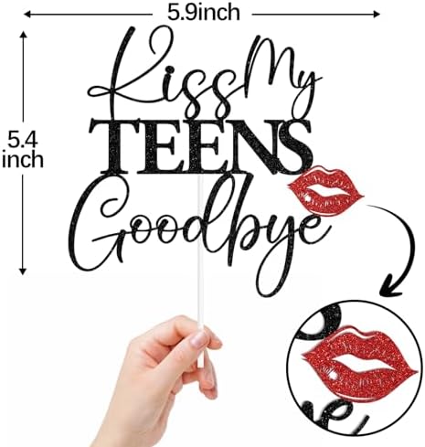 Black Glitter Kiss My Teens Goodbye Cake Topper, Good Bye My Teen Years, Funny 20th Birthday Party Decorations Supplies for Girls Women