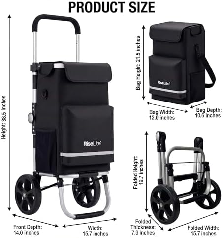 Lightweight Shopping Cart with Wheels, Foldable Grocery Trolley for Supermarket & Teachers, Rolling Utility Crate with Insulated Cooler, Adjustable Handle, 110 lbs
