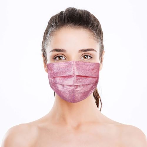 50Pack Sparkly Cute Disposable Face Masks, Pink Glitter Face Masks for Women Girls,3-Ply Soft Breathable Full Face Protection