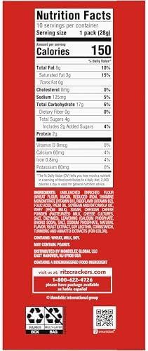 RITZ Bits Cheese Sandwich Crackers, Bulk Lunch Snacks, 40 Snack Packs (4 Boxes)