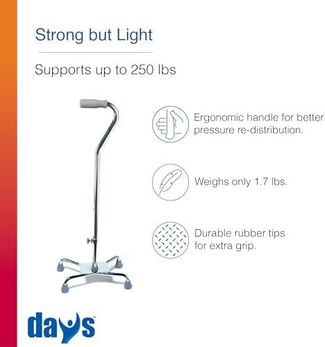 Days Quad Cane with Wide Base – Adjustable Walking Cane for Men & Women, Aluminum 4-Prong Walking Stick for Seniors with Slip-Resistant Rubber Tips, Lightweight & Self-Standing Mobility Aid