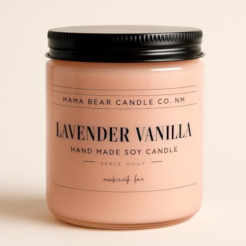 Mama Bear Candle Co. NM Lavender Vanilla Scented Soy Candle, 9 oz, Pink Frosted Glass Jar