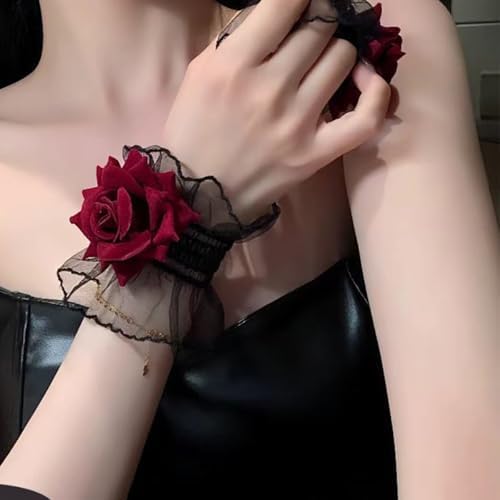 Furimuk Lolita Lace Gloves Fingerless Short Lace Wrist Cuff Black Hand Sleeve Bracelet Women Ruffled Red Floral Lolita Accessories for Halloween Wedding Wedding, Masquerade