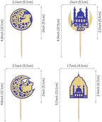 24 PCS Eid Mubarak Cake Toppers Set Gold Blue Ramadan Kareem Cupcake Toppers Crescent Moon & Mosque Islamic Cake Decorations for Muslim Festival Theme Eid al-Fitr Party Decorations Supplies