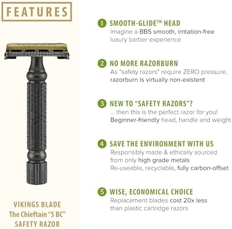 VIKINGS BLADE Double Edge Safety Razor for Men + 5 Swedish Steel Blades + Luxury Case. Smooth, Reusable, Recyclable (Chieftain “5 BC”)