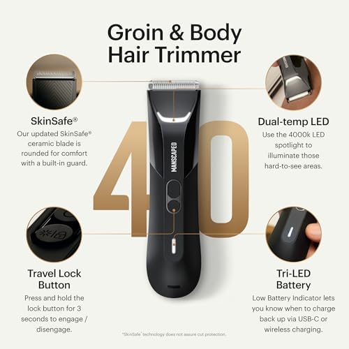 MANSCAPED® The Lawn Mower® 4.0 PRO - Groin & Body Hair Trimmer, Updated SkinSafe® Trimmer Blade, Waterproof Wet/Dry Groomer, USB-C & Wireless Charging Compatible, Men’s Ball Shaver with Travel Lock
