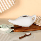 Ceramic Neti Pot Premium Handcrafted, Nose Cleaner for Sinus Dishwasher Safe with 2 Silicone Nozzle Tip, 225 Ml Capacity - White Color