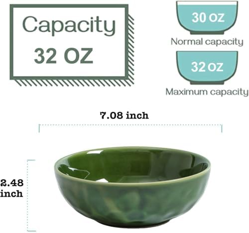 vicrays Ceramic Pasta Bowls Set, 32 Ounce Soup Bowls, Large Salad Bowls, Chip Resistant, Dishwasher Microwave Safe, Fluted stoneware Bowls for Kitchen, Serving Bowls, Set of 6 (Green)