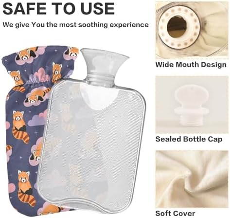 Red Panda Cute Hot Water Bottle with Cover, 1Liter Soft Velvet Winter Warm Water Bag for Neck and Shoulder Pain Relief Period Cramps Bed Hand Feet Warmer