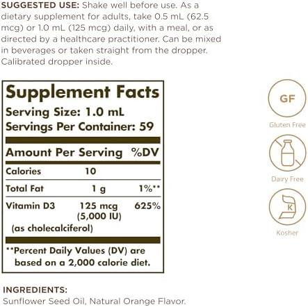 Solgar Liquid Vitamin D3 125 mcg (5,000 IU) - 2 fl oz, Pack of 2 - Natural Orange Flavor - Helps Maintain Healthy Bones & Teeth - Immune System Support - Gluten & Dairy Free - 118 Total Servings