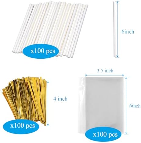 300 PCS Cake Pop Sticks and Wrappers Kit Including 100ct 6-inch Cake Pop Paper Lollipop Sticks, 100ct Clear Candy Treat Bags, 100ct Gold Twist Ties for Cake Pops, Lollipops, Candy, Chocolate