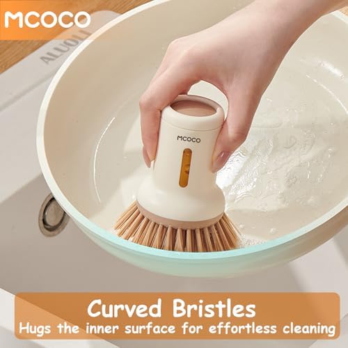 Soap Dispensing Palm Brush Scrub Brush with Soap Dispenser Palm Dish Brush Soap Dispenser Brush Dish Scrub Brush for Kitchen Cleaning, Pan, Pot, Sink 2 Pack Yellow