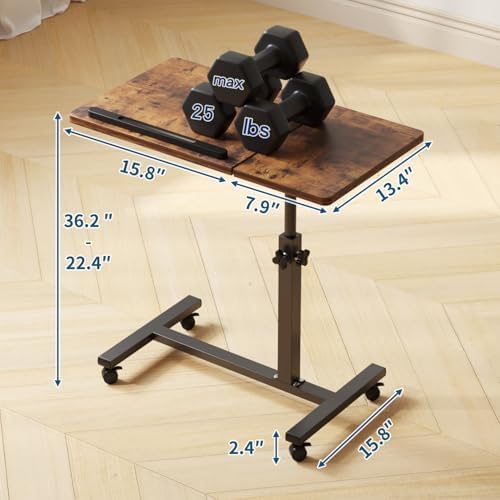 Overbed Tables,Bedside Table,Adjustable Height＆Protable Standing Rolling Desk,C-Shaped Home Office Desk for Livingroom and Bedroom,Brown