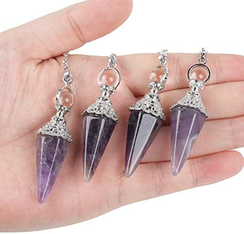 Rockcloud Natural Amethyst Crystal Pointed Pendulum with 7 Chakra Stone Beads Chain, 6 Facet Reiki Chakra Pendant for Divination Dowsing