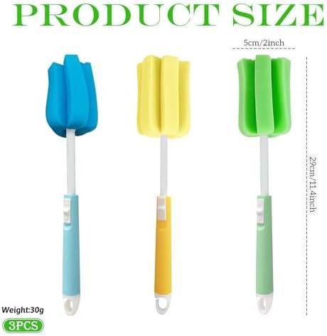 ericotry 3PCS Dishwashing Foam Sponge Brush with Adjustable Long Handle Bottle Scrubber Cleaning Sponges Brushes Cleaner Soft for Baby Bottle Kitchen Clean Glasses Mugs Cups (Color Random)