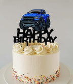 Pickup Truck Cake Topper Black Acrylic Transportation Theme Party Supplies, Pickup Truck Happy Birthday Cake Topper for Boy's Men' Birthday Party Decorations（Blue）