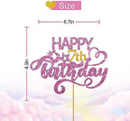 Pink Glitter Happy 7th Birthday Cake Topper, Seven Years Old Birthday Party Cake Decor, Gold Number 7 Birthday Party Supplies Decorations for Girl or Boy