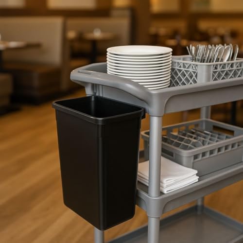 TrueCraftware- Refuse Bin for Utility/Bussing Cart 13" x 9-1/14" x 22" Black Color- Wastebasket Trash Can Plastic Restaurant Tub Fits Rolling Utility Cart Attachable