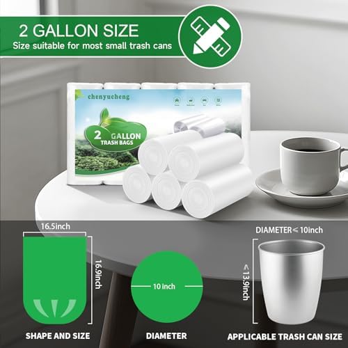 2 Gallon Biodegradable Mini Trash Bags - White Compostable Small Garbage Bag For Bathroom Can Unscented Kitchen Office Car Waste Basket Liners 100 count Tiny Strong Thick Chenyucheng
