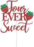 Four Ever Sweet Cake Topper, Strawberry 4th Birthday Cake Topper, Berry Sweet Four, Strawberry Themed 4th Birthday Party Decorations, Red Glitter