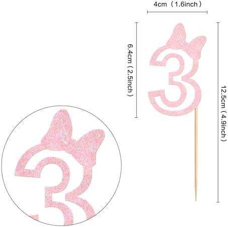 Ercadio 24Pcs Girls 3rd Birthday Cupcake Toppers Glitter Pink Bow Number 3 Cupcake Picks for Pink Bow Baby Girls 3rd Birthday Anniversary Cake Decorations Supplies