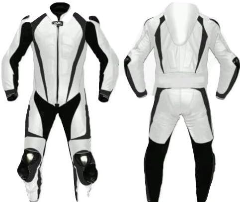MATAGEAR Motorcycle White and Black One Piece Leather Racing Suit CE Approved Protection (Large)
