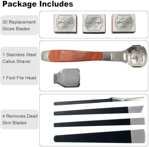 36 Pcs Callus Shaver for Feet Set, Foot Callus Shaver, (1 Stainless Foot File &1 Foot File Heads & 4 Pedicure Knife & 30 Replacement Slices Blades)