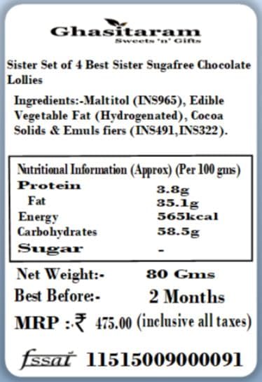 Ghasitaram Gifts Rakhi Gifts for Brothers Rakhi Gifts for Sister Set of 4 Best Sister Sugafree Chocolate Lollies