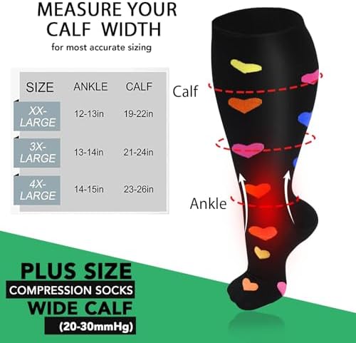 4 Pairs Plus Size Compression Socks for Women and Men 20-30 mmHg, Wide Calf Stockings Best Support for Circulation, Running