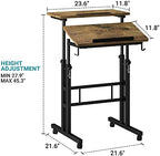 Klvied Small Standing Desk with Cup Holder, Height Adjustable Mobile Laptop Stand on Wheels, Ergonomic Rolling Computer Workstation for Home Office, Portable Overbed Table for Couch & Bed, Oak