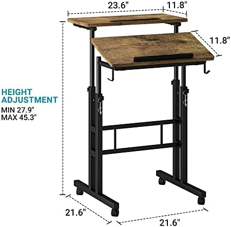 Klvied Small Standing Desk with Cup Holder, Height Adjustable Mobile Laptop Stand on Wheels, Ergonomic Rolling Computer Workstation for Home Office, Portable Overbed Table for Couch & Bed, Oak
