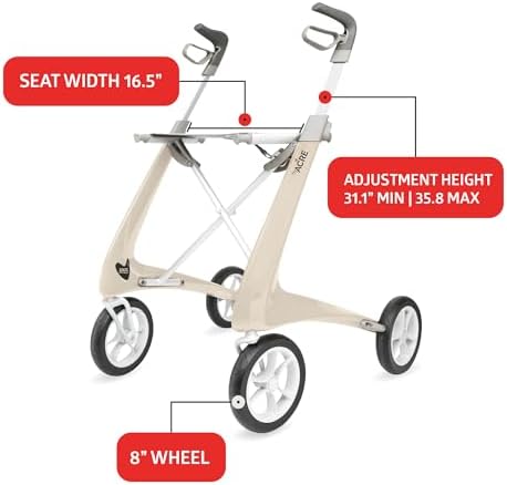 byACRE Carbon Ultralight Rollator Walker with Organizer Bag, Regular Track, 16.5" x 24" Seat (W x H), Oyster White