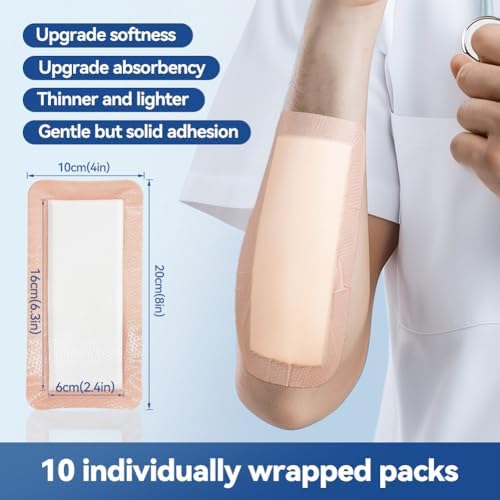 Dimora Silicone Ultra Absorbent Dressing Pads - Adhesive Wound Bandage with Gentle Border, Waterproof Soft Gauze for Post Surgical and Bed Sore Exudate Management 4"X 8" 10 Count