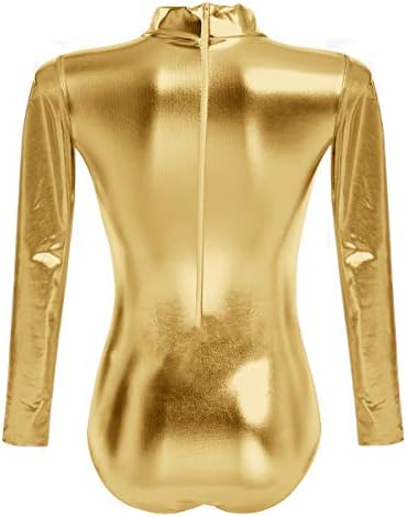 ABAFIP Women Metallic Liquid Shiny Long Sleeve Gymnastic Ballet Dance Leotard Bodysuit Faux Leather Stage Dancewear Costume