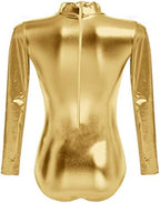 ODIZLI Women Shiny Metallic Long Sleeve Leotard Mock Turtleneck One Piece Bodysuit for Gymnastics Ballet Dance