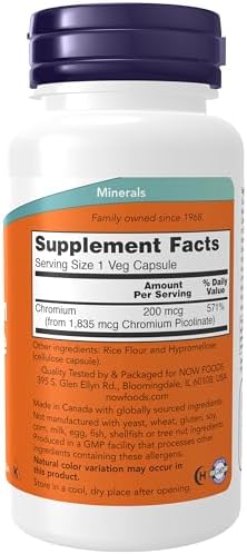 NOW Supplements, Chromium Picolinate 200 mcg, Insulin Co-Factor*, 100 Veg Capsules