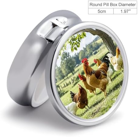 Farm Chickens Pill Box 3 Compartment Round Metal Pill Organizer Portable Mini Travel Medicine Case with Mirror Cute Medicine Container Holder for Pocket Purse