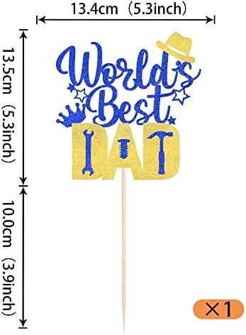 1 Pack Happy Father's Day Cake Topper Glitter World's Best Dad Cake Pick Hat Tool Love Dad Cake Decoration for Happy Father's day Theme Men Birthday Party Supplies Blue