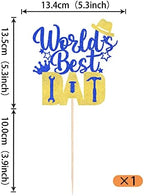 1 Pack Happy Father's Day Cake Topper Glitter World's Best Dad Cake Pick Hat Tool Love Dad Cake Decoration for Happy Father's day Theme Men Birthday Party Supplies Blue