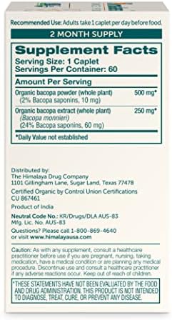 Himalaya Organic Bacopa Monnieri Nootropic Herbal Supplement, Supports Calm, Memory, Cognition, USDA Certified Organic, Non-GMO, 750 mg, 60 Plant-Based Caplets, 60 Day Supply