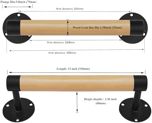 1ft Wood Handrail for Indoor Stairs, Wood Staircase Handrail W/s Black Sturdy Metal Brackets, Stair Banister Railing Wooden Safety Grab Bar for Elderly & Kids
